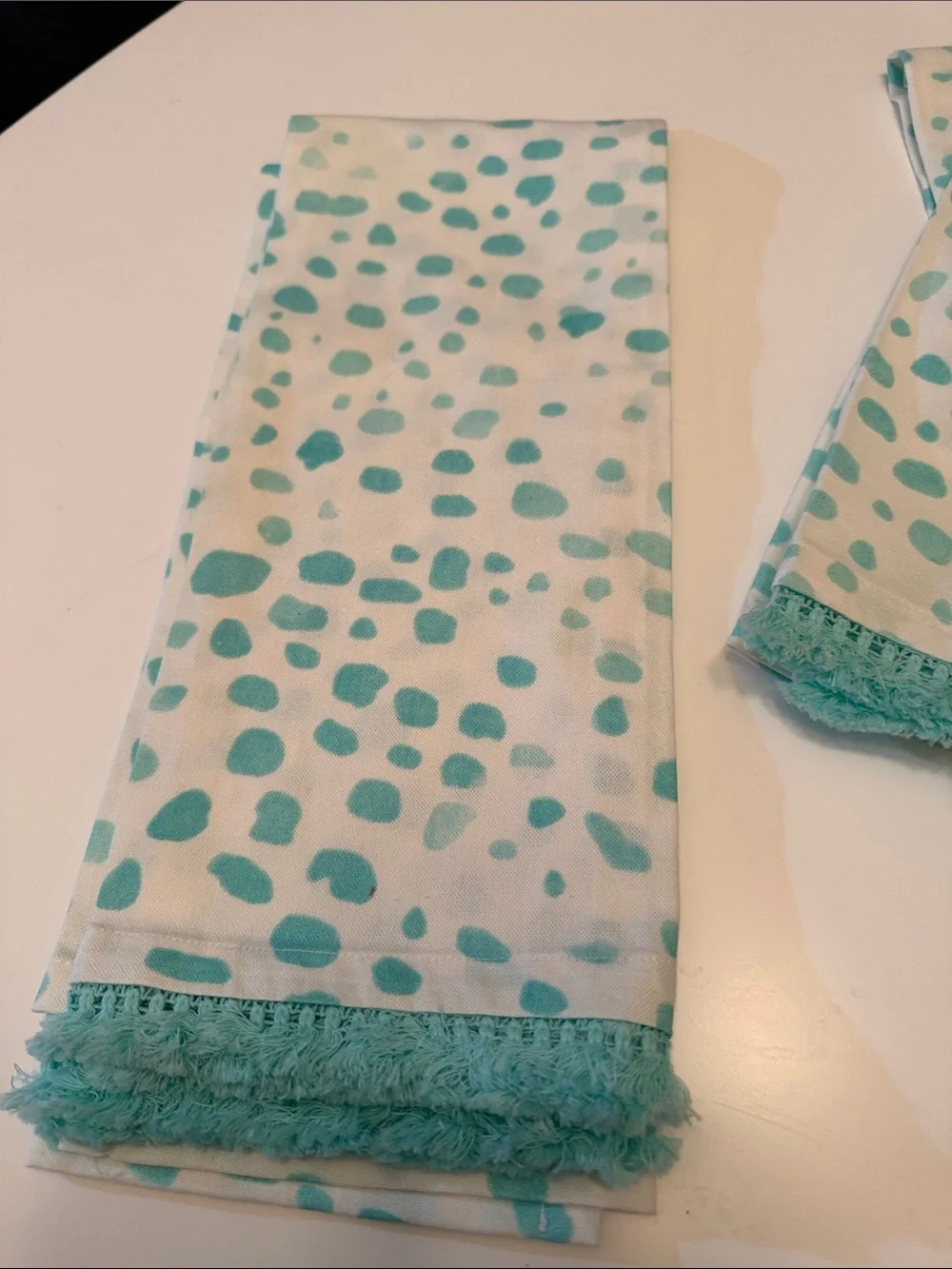 4 green & white fringe cotton tea towels
